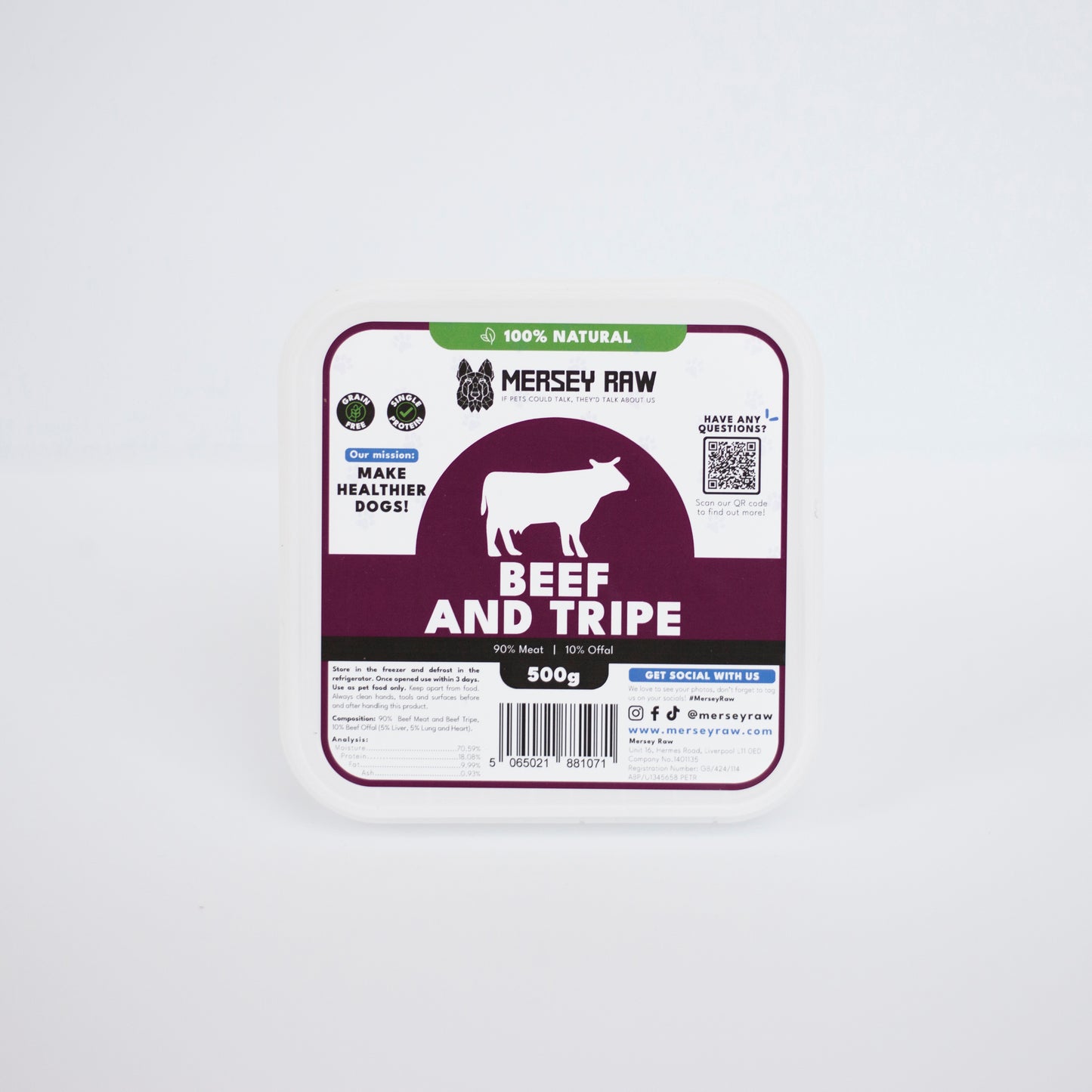 Mersey Raw Boneless Beef & Tripe 500g